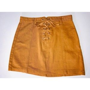 Lace Up Brown Denim A Line Mini Skirt Sz M Short Zipper Back Forever 21
